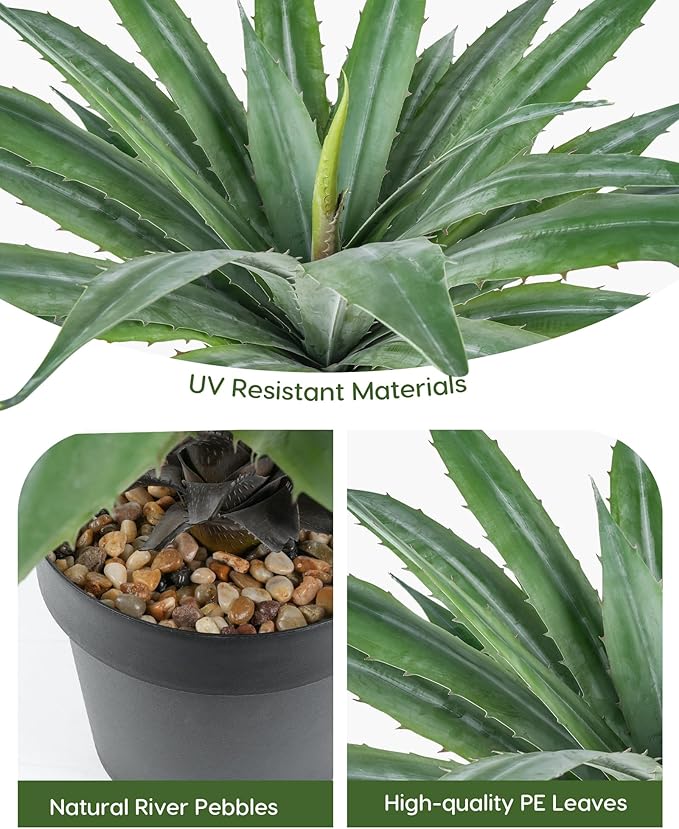 Velener Artificial Agave Plant in Black Pot with Real Stone Pebbles, Large Fake Agave Plants with Green Serrated Leaves, Faux Yucca for Indoor and Outdoor Decor-17 Inches Tall, 29 Leaves