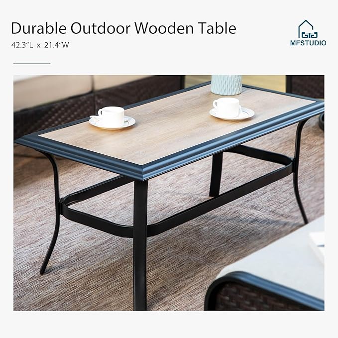 MFSTUDIO 7 PCS Outdoor Patio Furniture Set, Metal Outdoor Conversation Set, Rattan Wicker Patio Sectional with 2 x Fixed and Rocking Single Sofa, 3-Seat Sofa, 2 x Ottoman, Beige