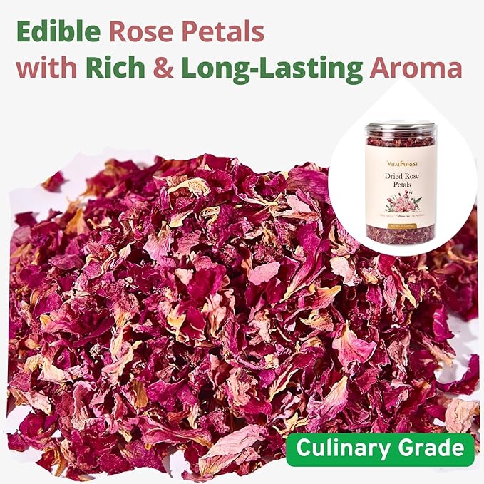 Dried Rose Petals Edible, 2.1oz (60g) Food Grade Rose Petals Tea– Culinary Roses Petals for Tea, Drinks, Baking & Cocktails, Edible Flower Petals for Cake Decorating, Desserts