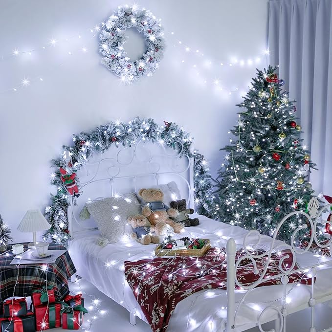 JMEXSUSS 33ft 100 LED White Christmas Lights, 8 Modes Connectable Clear Wire Twinkle Fairy String Lights Indoor, Plug-in Christmas String Lights Outdoor Waterproof for Christmas Wedding Party Tree