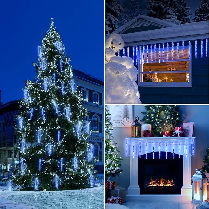 Icicle Lights Outdoor, 19.8Ft Meteor Shower Lights with 20 Tubes, Snowfall Shooting Star Light Effect, Falling Cascading Crystal Christmas Decorations for House, Eave, Roofline, Patio, Blue