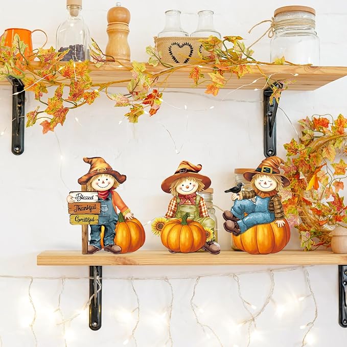 COCHIE 3 Pcs Fall Scarecrow Decor Rustic Fall Tiered Tray Decorations Wooden Scarecrow Pumpkin Sign Autumn Thanksgiving Gifts Home Office Decor Party Supplies