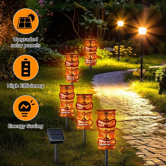 VIHOSE 5 Pcs Tiki Solar Light Decor Tiki Bar Statues Solar Power Light Stake Outdoor Hawaiian LED Decor for Luau Birthday Party Tropical Bar Garden Yard