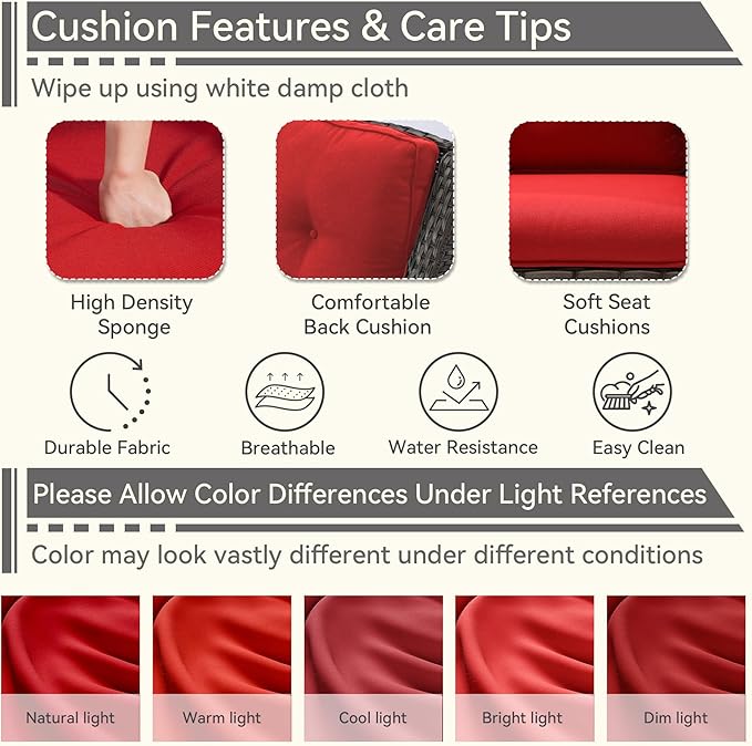 3 Pieces Outdoor Patio Chairs Set - Wicker Patio Conversation Sets with 1 Side Table, Olefin Fabric Cushions Suitable for Backyard Deck and Porch,Red