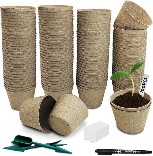 PINVNBY 132 PCS Plant Pots 4 Inch Peat Pots for Seedlings with 100 Pcs Plant Labels Biodegradable Nursery Pots with Drainage Holes for Indoor and Outdoor Planting