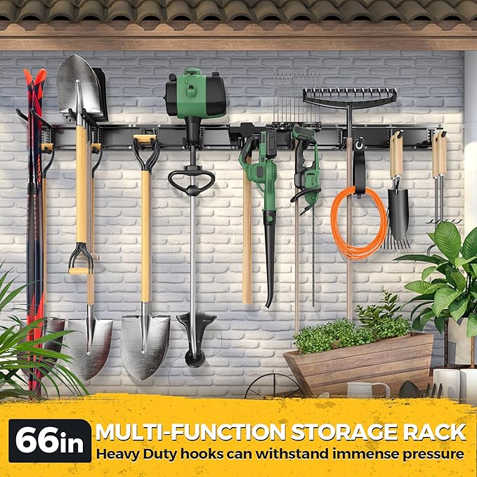 LBT 66" Garage Tool Organizer Wall Mount - 720lbs Garden Tool Organizer with Adjustable Hooks, Heavy Duty Metal Garage Storage Rack, Anti-Rust Shed Rack Holder Hanging Rake Broom Mower Snowboard