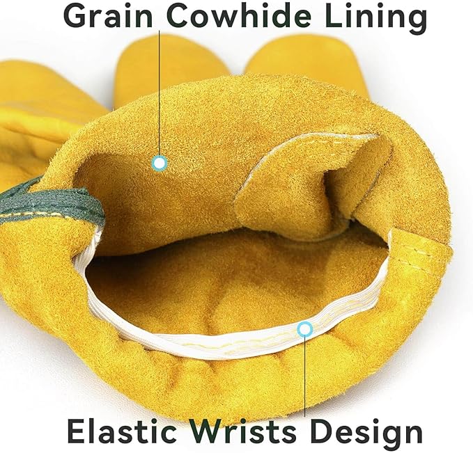 OZERO Leather Work Gloves Flex Grip Tough Cowhide Gardening Glove for Wood Cutting/Construction/Truck Driving/Garden/Yard Working for Men and Women 1 Pair (Gold,Small)