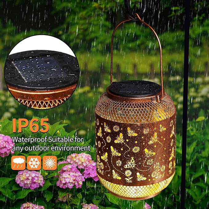 Solar Lanterns Outdoor Waterproof Bee Garden Decor Birthday Gifts for Women Mom Grandma Hanging Solar Lights Metal Lantern Decoration Outside for Yard, Patio, Backyard, Porch