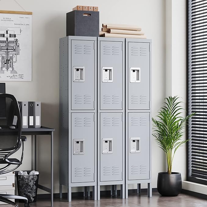 Letaya Storage Locker with Lock Door,Metal Storage Cabinet 4 Tier with Hook for Employees, School,Gym, Home,Office(2 Door-Gray)