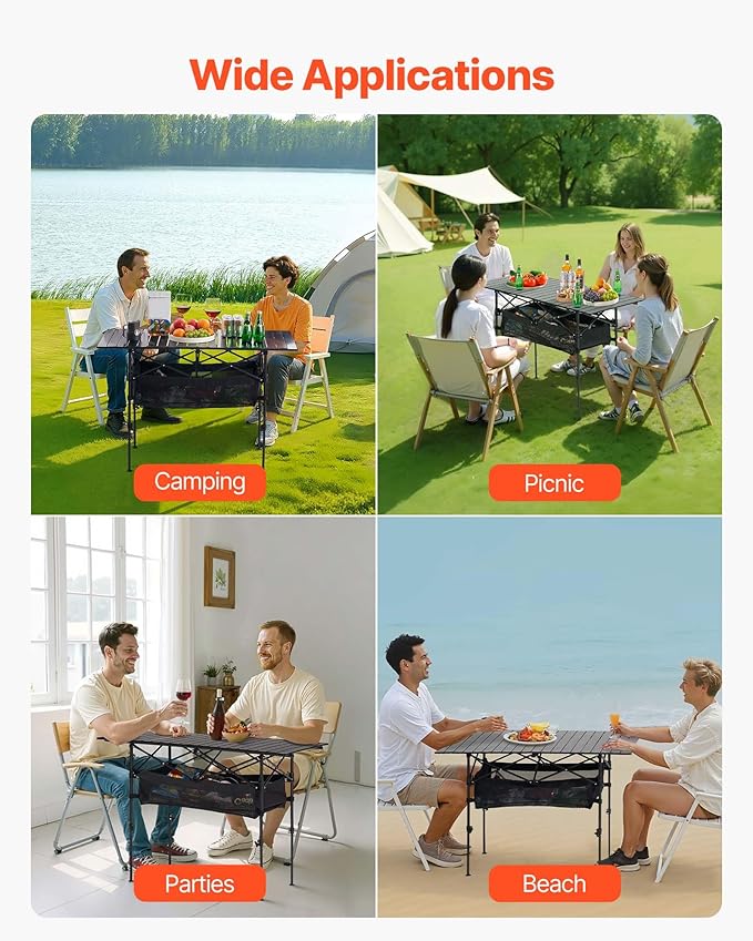 VEVOR Folding Camping Table, Portable Roll Up Side Tables, Lightweight Aluminum Beach Table with Adjustable Height, for Outdoor BBQ Tailgating Picnic, Travel (47 inch-Black)