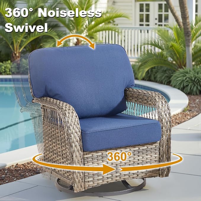Outdoor Swivel Rocker Chairs - Patio Rocking Chairs Set of 2, Wicker Patio Set with 5" Thick Cushion, Rattan Patio Swivel Rocking Chairs for Porch, Deck, Backyard Blue/Gray