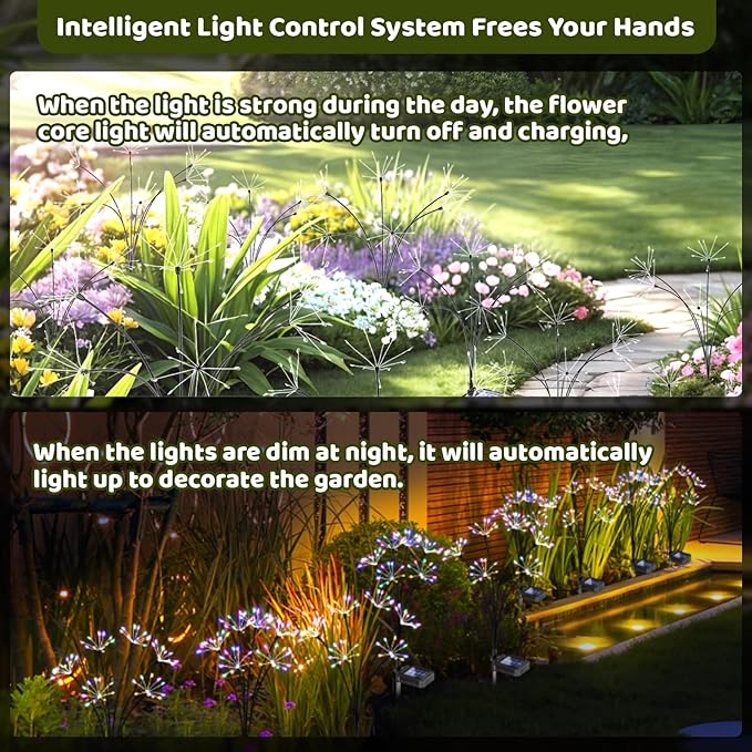 Solar Garden Lights 4 Pack, 240LED Flickering Firework Lights with 2 Light Modes, Waterproof Solar Lights for Pathway Yard Outdoor Garden Decor, Flower Lights for Women Mother’s Day, Multiple Colors