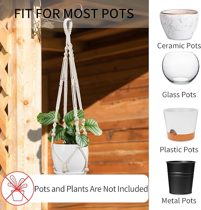 3 Pack Macrame Plant Hanger - 43"/35"/29" Different Sizes, Hanging Planter Basket Flower Pot Holder for Indoor Outdoor, with Wood Beads, Boho Home Decor, Ivory (POTS NOT Included)