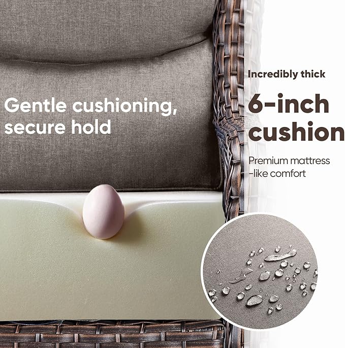 Swivel Patio Chairs sofa Set of 5 with 6" Thick Cushion - Wicker Outdoor Swivel Rocker Patio Chair ,Sofa/Glass coffee table, High Back Comfortable Outdoor Glider Chairs - Brown Wicker Grey Cushions