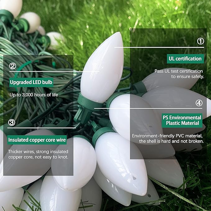 C9 Christmas Lights Outdoor 50 LED Cold White Strawberry Waterproof String Lights Xmas Tree Indoor Decoration Plug in 34.5 Feet Used for Home Festive Courtyard Patio Garden(Cold White)