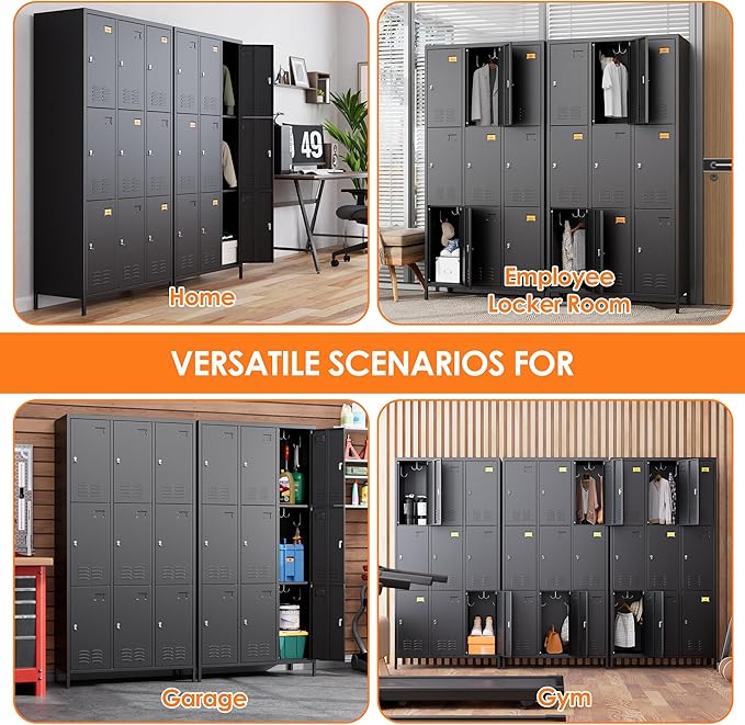9 Doors Metal Lockers for Employees with 27 Hooks, Storage Locker with Business Card Holder for Office Gym School Bedroom, Assembly Required, Black