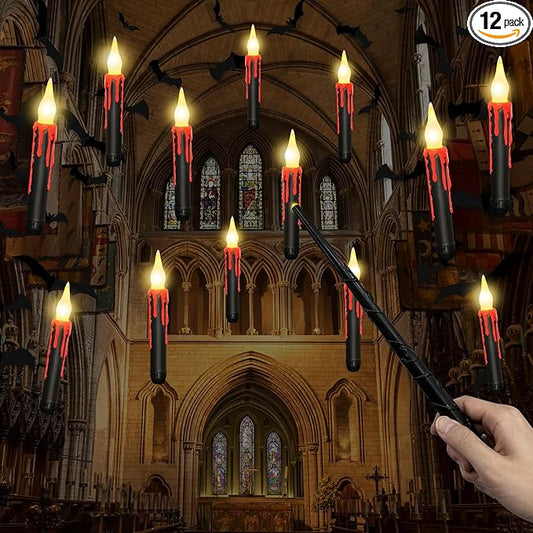 12pcs Floating Candles with Wand, Magic Hanging Candles, Flameless Candles with Magic Wand Remote, Battery Operated Hanging Window Candle, 6.1" LED Electric Candles for Christmas Halloween Decorations