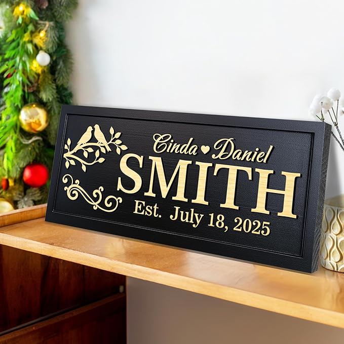Personalized Wooden Family Name Sign Custom Carved Last Name Plaque with Established Date Rustic Solid Wood Wall Art for Home Decor Wedding Gift