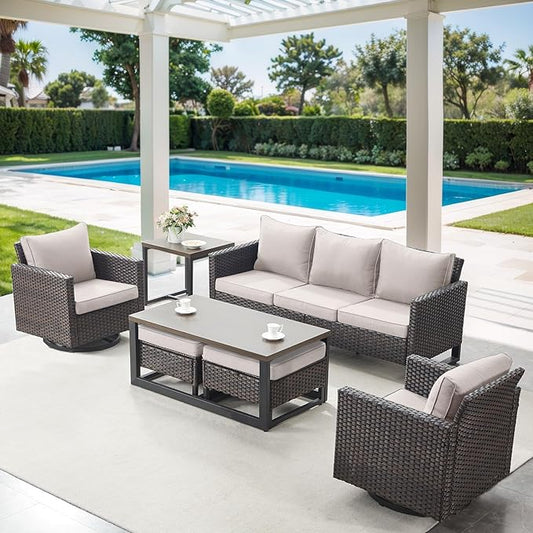 7 Piece Wicker Patio Furniture Set - Outdoor Swivel Rocker Chairs Set with Coffee Table, Side Table, 3 Seat Sofa & Ottomans, Small Patio Conversation Sets for Balcony Deck - Brown/Beige