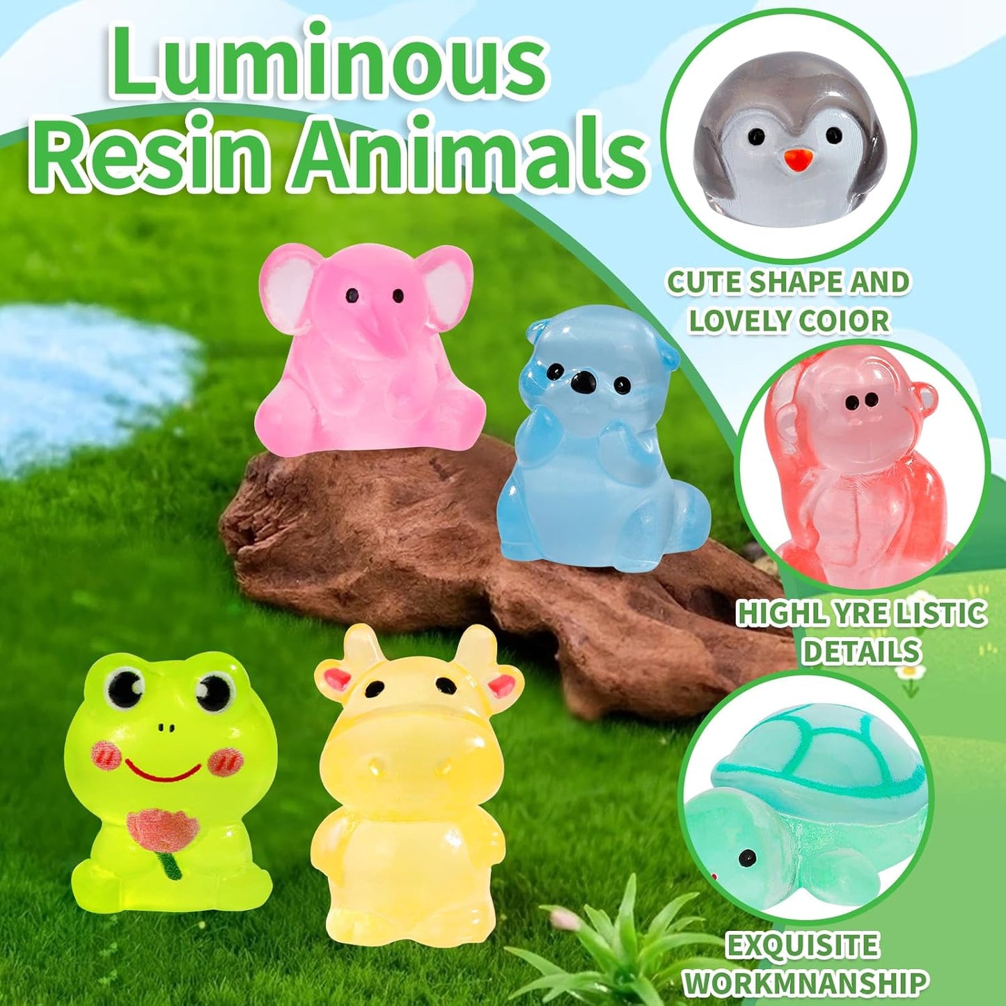 180pcs Luminous Mini Resin Animals Colorful Tiny Small Little Glow in the Dark Mini Resin Figures to Hide Miniature Animal Figurines for DIY Dollhouse Micro Garden Landscape Aquarium Decor Gift Crafts