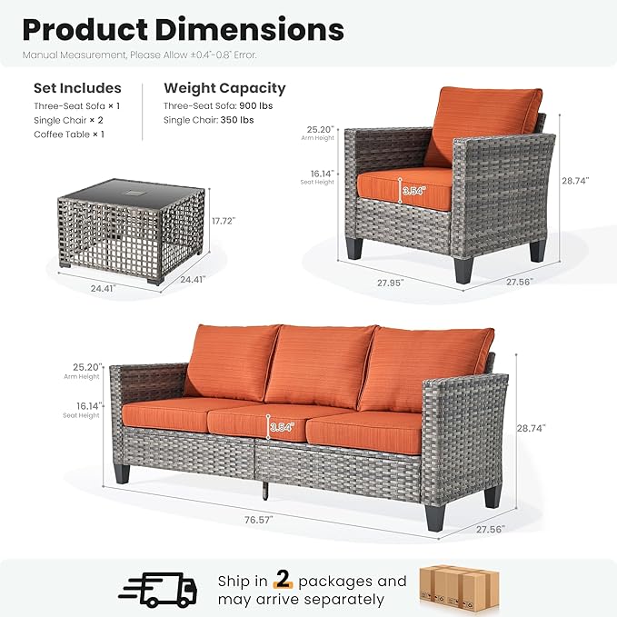 ovios 4 Pieces Patio Furniture Set Outdoor Sofa Couch with Solar Lights Table Comfy Cushions, Modern Deep Seat Wicker Rattan Conversation Set for Porch Deck, Orange Red