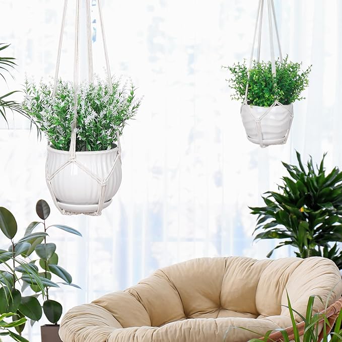 YIBOT 3 Pack Macrame Plant Hanger Indoor Hanging Planter Basket with 3 Hooks, 35"/29"/23" Crochet Plant Holder Stand No Tassels for Indoor Outdoor Boho Home Decor, Ivory (POTS NOT Included)