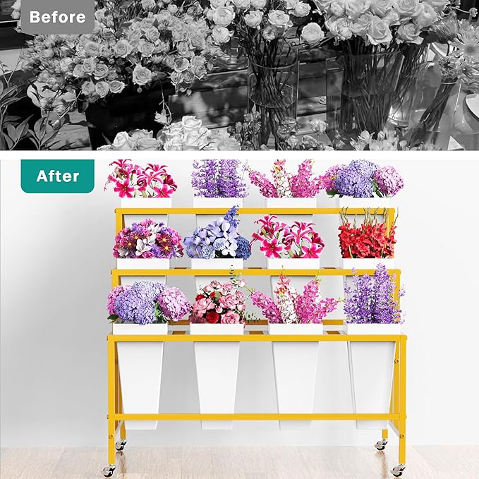 Putros Flower Display Stand with 12 Buckets Gold 3 Layers Metal Floral Cart with Wheels Moving Florist Bouquet Bar Plant Shelf for Indoor Outdoor Patio Garden Party Decor