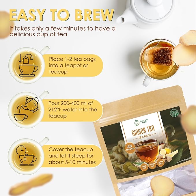 NHAT ANH FARM - Premium Ginger Tea Bags -Dried Ginger Root Tea Bags - 40 Teabags, 2.5g/bag. 100% Natural & Pure, Caffeine Free. Good for your health.