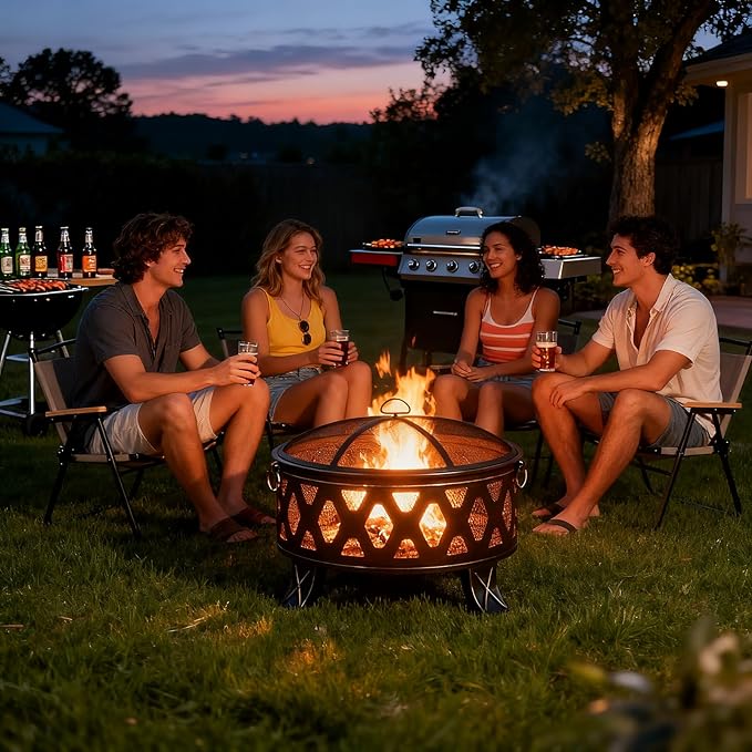 Breezz 26 Inch Wood Burning Fire Pit with Cooking Grill and Spark Screen, Outdoor Metal Round Firepit for Patio, Backyard, Bonfire Party, Camping and Garden