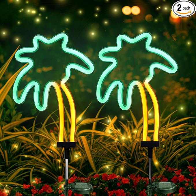 SunKite Solar Garden Lights - Coconut Solar Decorative Stake Lights Outdoor Waterproof Solar Neon Lights for Garden,Yard, Lawn, Pathway,Patio,Backyard,Pool,Hawaii Decor(2 Pack)
