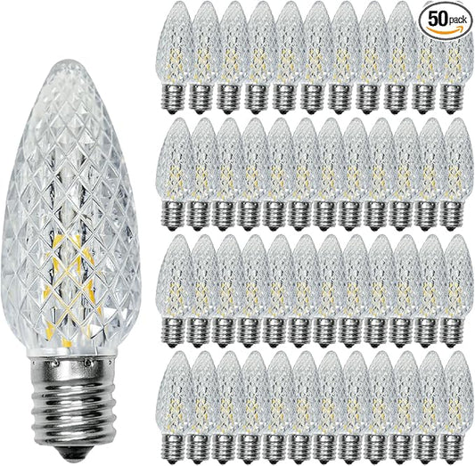 C9 Christmas Replacement LED Light Bulbs, E17 Base Commercial Grade Holiday Bulbs, 4W 5W 6W 7W Incandescent Equivalent, Warm White 2200K, Clear Plastic Bulbs for Christmas String Light - 50 Pack