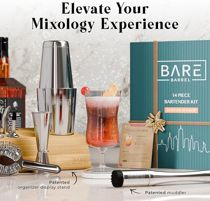BARE BARREL® Mixology Bartender Kit Bar Set | 14-Piece Cocktail Shaker Set | Martini Barware Mixing Tools for Home Bartending | Incl. 35 Recipe Cards | Gift Set (28oz Boston Shaker, Silver/Natural)