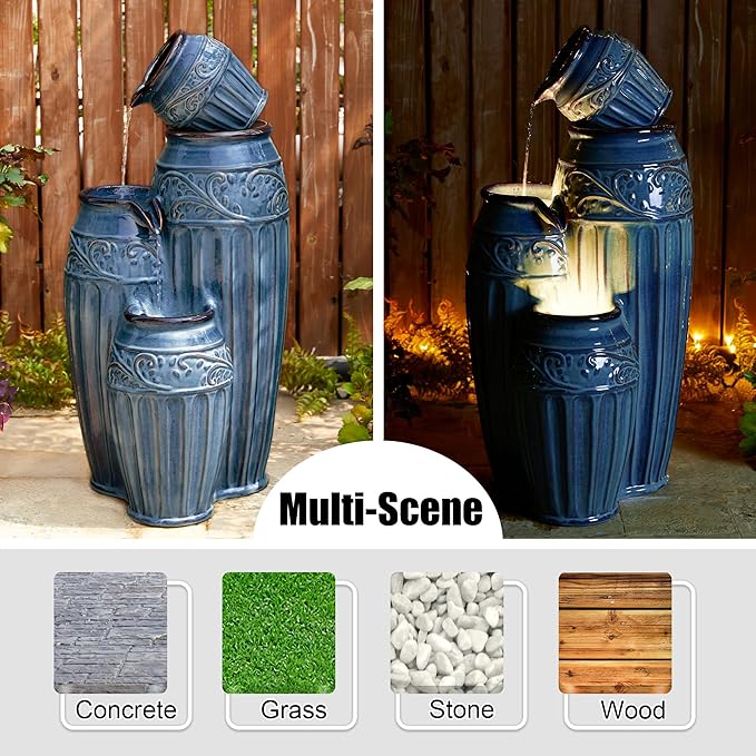 Glitzhome 35.5" H Oversized Outdoor Water Fountain with LED Lights and Pump, 4 Tier Turquoise Embossed Pattern Ceramic Pots Fountains, Cascading Standing Fountain for Porch Deck Garden Patio Backyard