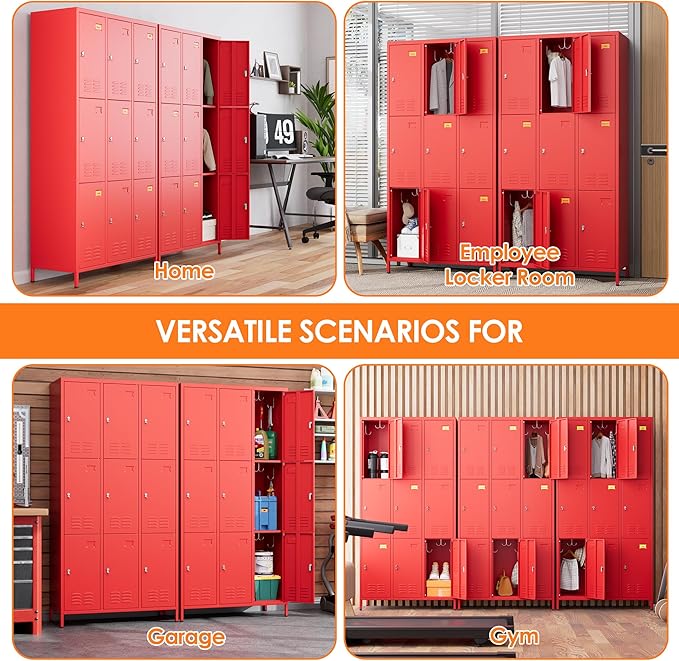 9 Doors Metal Lockers for Employees with 27 Hooks, Storage Locker with Business Card Holder for Office Gym School Bedroom, Assembly Required, Red