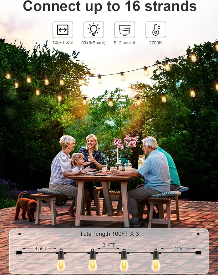 Svater Outdoor String Lights 300 FT, Patio Lights for Outside with Shatterproof Bulbs, Waterproof IP65 Commercial Hanging Light for Backyard Porch Balcony Bistro Party, 2700K