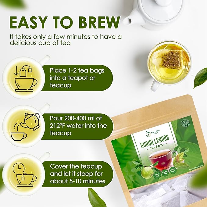 Nhat Anh Farm - Guava Leaf Tea Bags, 100 Teabags - Guava Dried Leaf Tea Bags 100% Natural And Pure , No Chemicals - Additives- Caffeine Free. Herbal Tea for Digestion, Good For Your Health. (Té De Hojas De Guayaba)