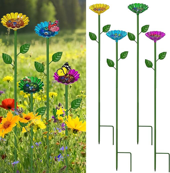 4 Pcs Metal Bee Watering Station for Garden - Height-Adjustable Bee & Butterfly Feeder with 20 Glass Marbles, Colorful Flower Design Bee Bath Bowl for Outdoor Yard Decor