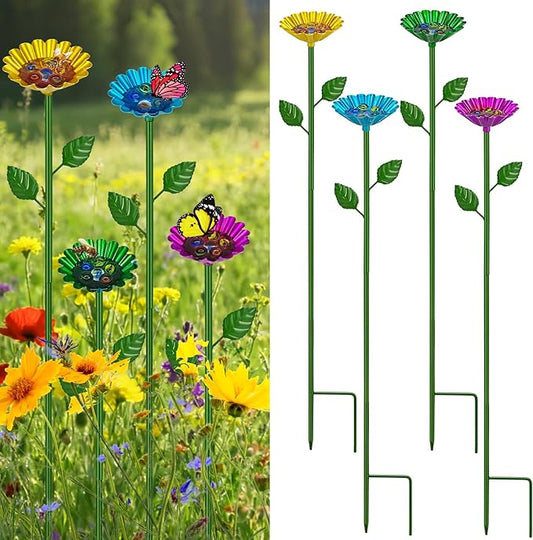 4 Pcs Metal Bee Watering Station for Garden - Height-Adjustable Bee & Butterfly Feeder with 20 Glass Marbles, Colorful Flower Design Bee Bath Bowl for Outdoor Yard Decor