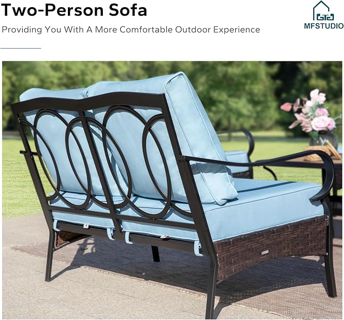 MFSTUDIO 5 PCS Outdoor Patio Furniture Set, Metal Outdoor Conversation Set, Rattan Wicker Patio Sectional Sofa Set with 2 x Swivel Single Sofa, 2-Seat and 3-Seat Sofa, 1 x Coffee Table, Blue