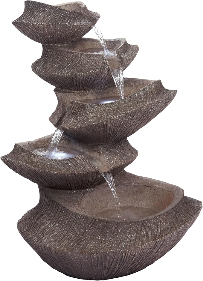 Alpine Corporation WIN1332L-BR Outdoor Floor Tiered Basin Fountain with LED Lights, Modern Basin Garden Fountain 31", Brown