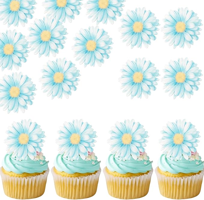 60 PCS Edible Daisy Cupcake Toppers Wafer Paper Daisy Cupcake Picks Edible Daisies Wildflower Birthday Party Decorations for Baby Shower Wedding Birthday Party Cake Food Decorations Supplies Blue