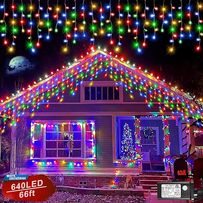 Christmas Icicle Lights Outdoor, 66ft 640 LED Icicle Lights for Outside with 8 Modes Timers, Waterproof Plug in Connectable String Light for Indoor Home Roof Yard Party Decorations, Multicolor