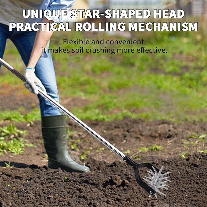 Rotary Cultivator Tool, Adjustable Garden Hand Tiller Cultivator, Long Handle Rotary Cultivator, Aerate, Weed, Plant, Garden Cultivator for Soil Mixing or Reseeding Grass