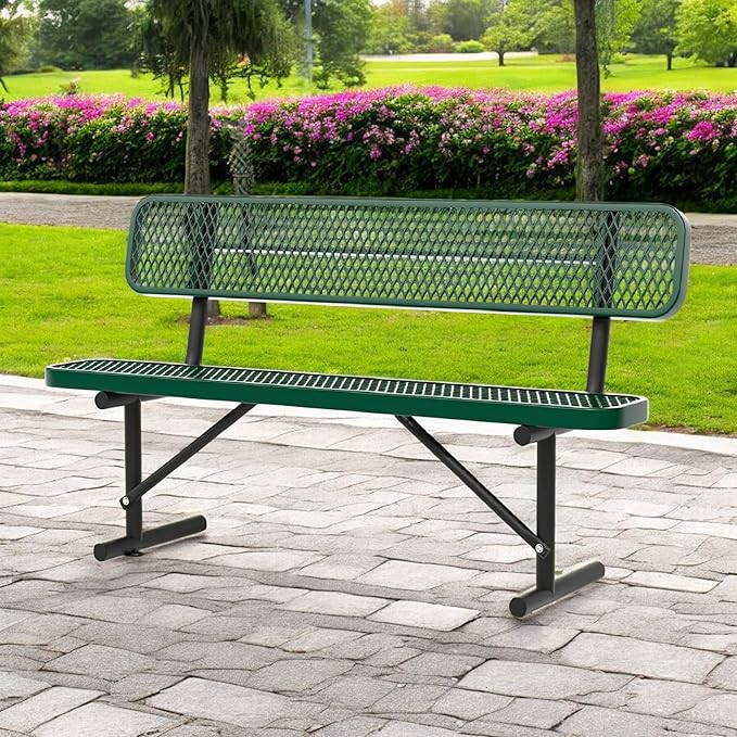 Heavy Duty Park Bench with Back Portable Frame, Outdoor Steel Bench with Backrest, Outdoor Park Bench Expanded Metal Mesh Bench for Lawn, Park, Deck, Garden, Patio, Porch, Black (Green, 6FT)