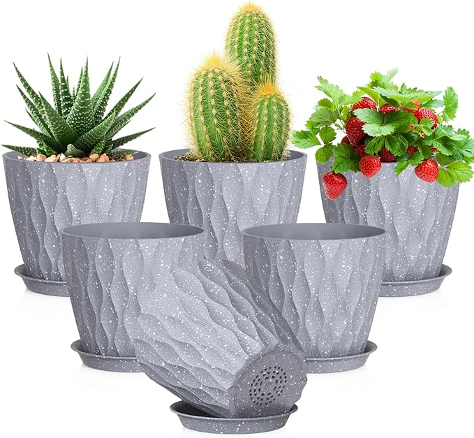 5 inch Plant Pots for Indoor Outdoor Plants, 6 Pack Thick Flower Pots with Drainage Holes and Saucers, 3D Modern Wave Texture Small Plastic Planters Nursery Pots, Speckled Grey