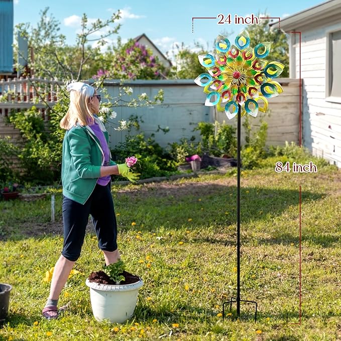 Wind Spinners, Large Metal Windmill 24" Dia 84" High, Outdoor Wind Sculpture & Spinners for Yard Garden Decor(Double Sided)