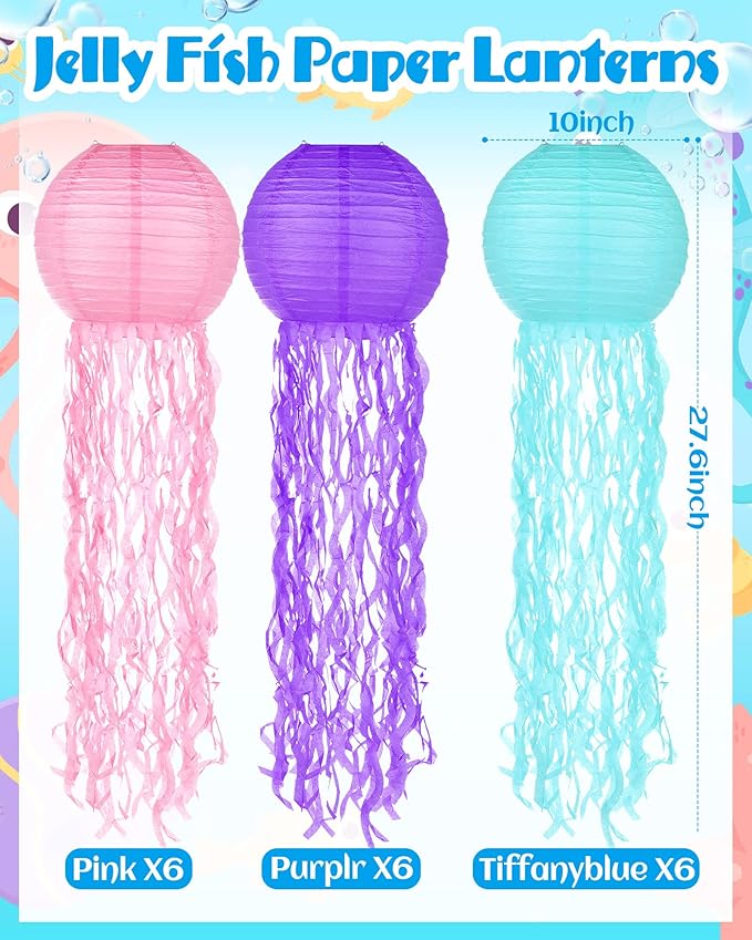 18 Pcs Jellyfish Paper Lanterns Mermaid Birthday Decorations Hanging Lantern Lamps for Ocean Theme Decor Under The Sea Party Supplies