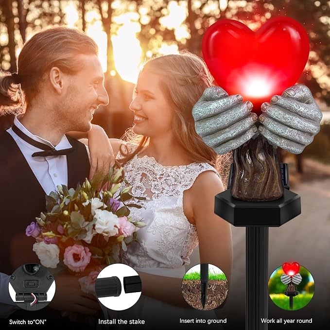 Solar Garden Lights Outdoor,Solar Red Heart Stake Lights,Garden Statue Lights Heart Lights Birthday Gifts for Women Mom Grandma Her,Valentine's Theme Decor for Lawn Yard Pathway Cemetery Porch