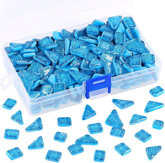 Swpeet 1 Pound Seablue Shine Crystal Series Mosaic Tiles Assortment Kit, Square and Triangle Genuine Mosaic Tiles Glitter Crystal Mosaic Perfect for Home Decoration Crafts - Mosaic Tiles V