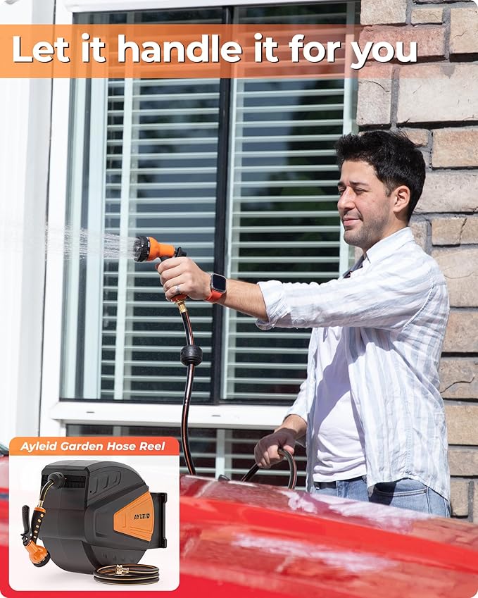 Ayleid Retractable Garden Hose Reel,1/2 in x 100 ft Wall Mounted Hose Reel, with 9- Function Sprayer Nozzle, Any Length Lock/Slow Return System/Wall Mounted/180°Swivel Bracket (Black)